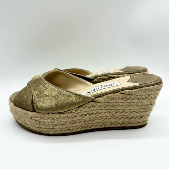 Jimmy Choo Paisley Crisscross Espadrille Wedge Sandals in Gold Shimmer Size 37 - Picture 7 of 11
